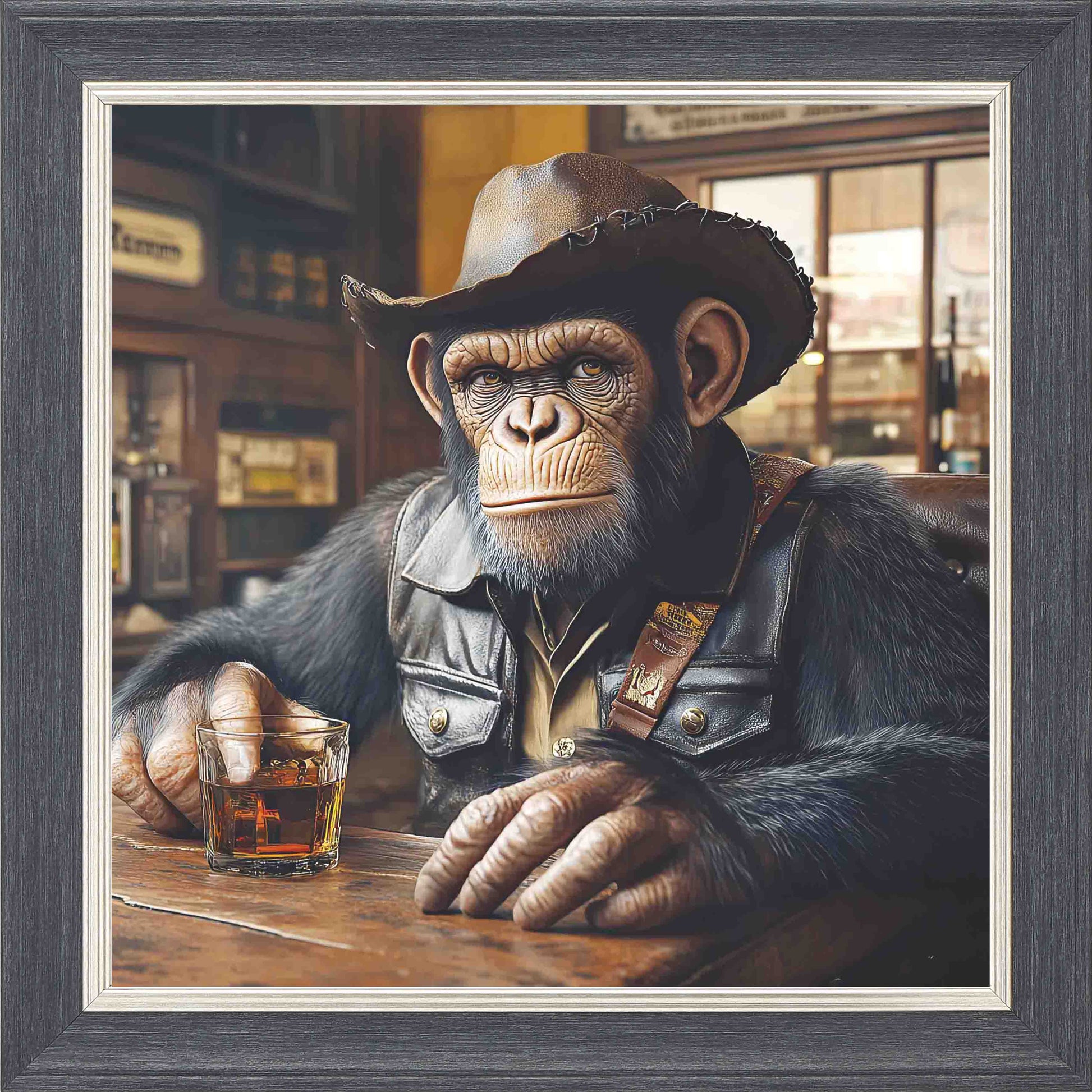 Cowboy Chimp Framed Wall Art - Grey with Silver Trim