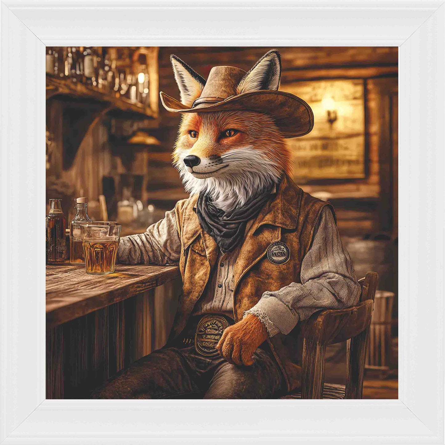 Cowboy Fox Framed Wall Art - White