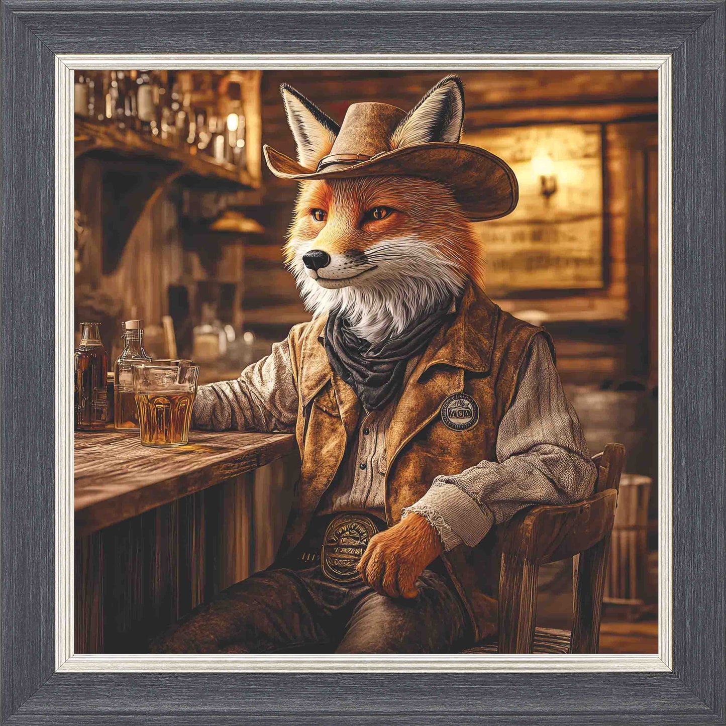 Cowboy Fox Framed Wall Art - Grey with Silver Trim
