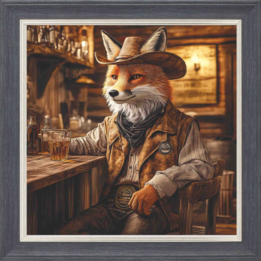 Cowboy Fox Framed Wall Art - Grey with Silver Trim