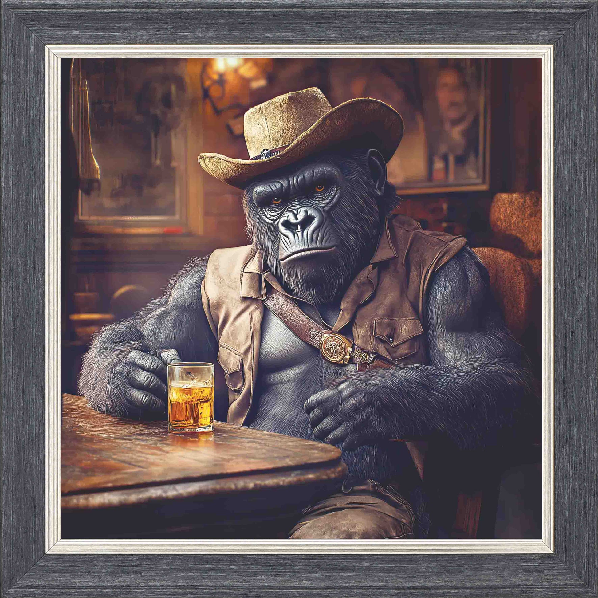 Cowboy Gorilla Framed Wall Art - Grey with Silver Trim