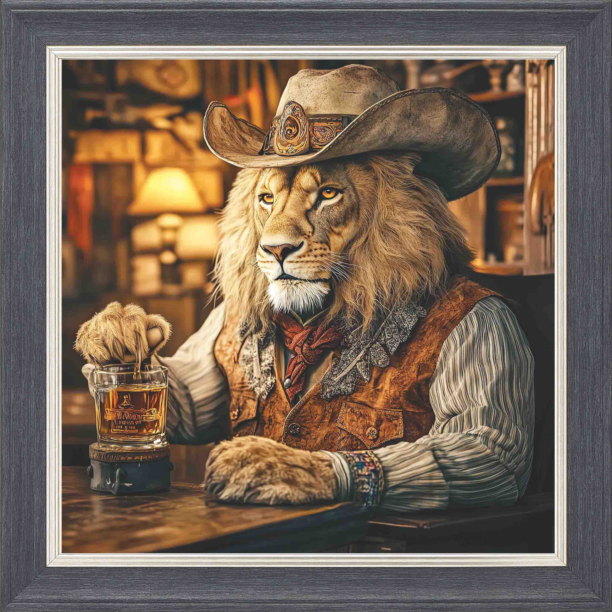 Cowboy Lion Framed Wall Art - Grey with Silver Trim