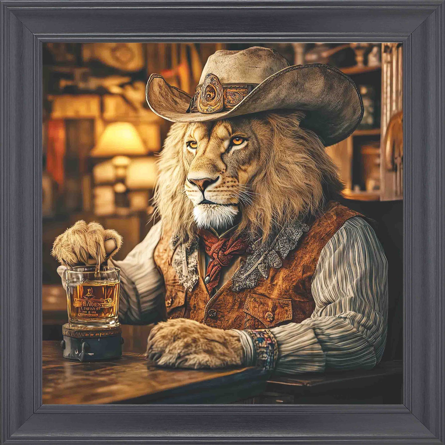 Cowboy Lion Framed Wall Art - Black