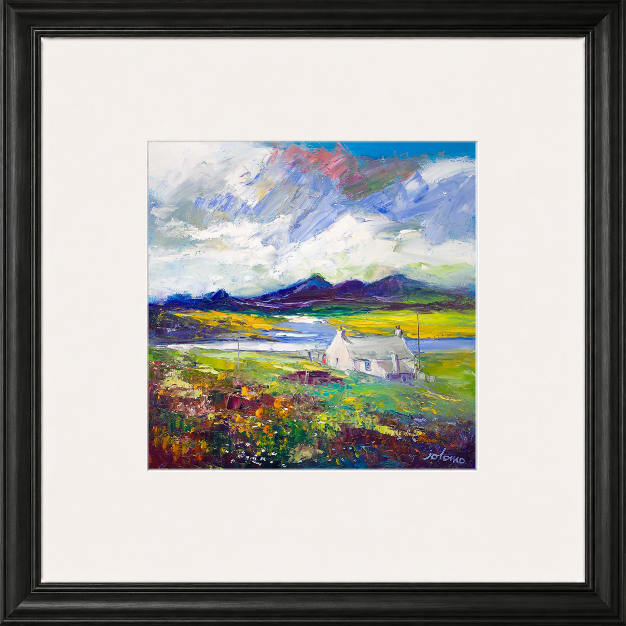 Crofthouse and Peat Stack, Isle of Lewis by Jolomo - Scottish croft landscape artwork framed wall art print, product image 3