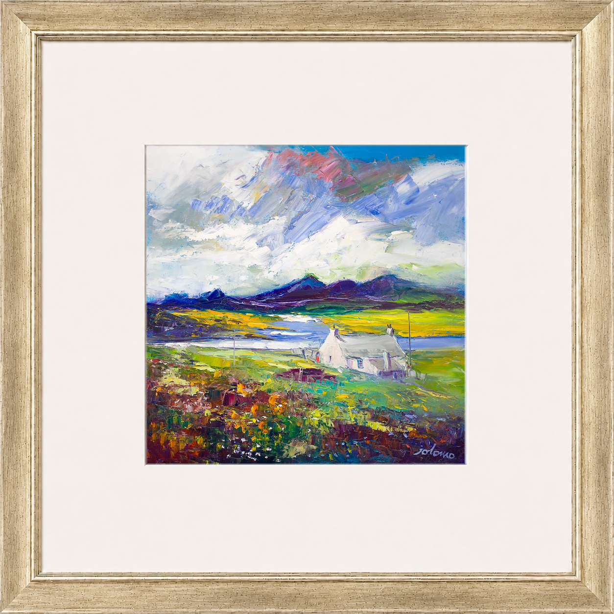 Crofthouse and Peat Stack, Isle of Lewis by Jolomo - Scottish croft landscape artwork framed wall art print, product image 6