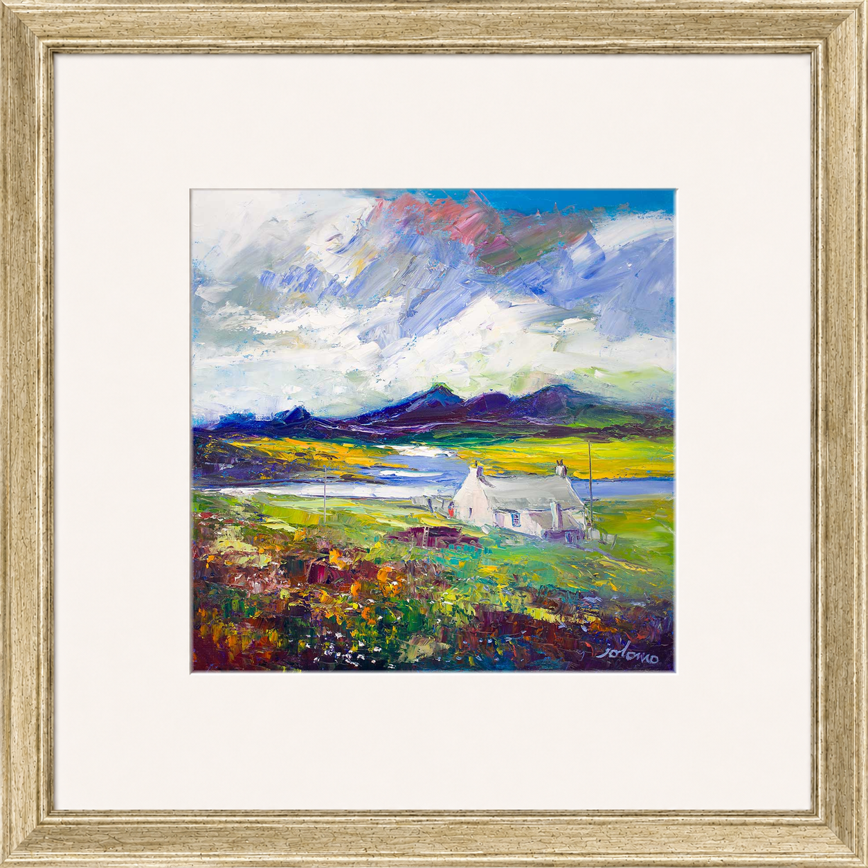 Crofthouse and Peat Stack, Isle of Lewis by Jolomo - Scottish croft landscape artwork framed wall art print, product image 12
