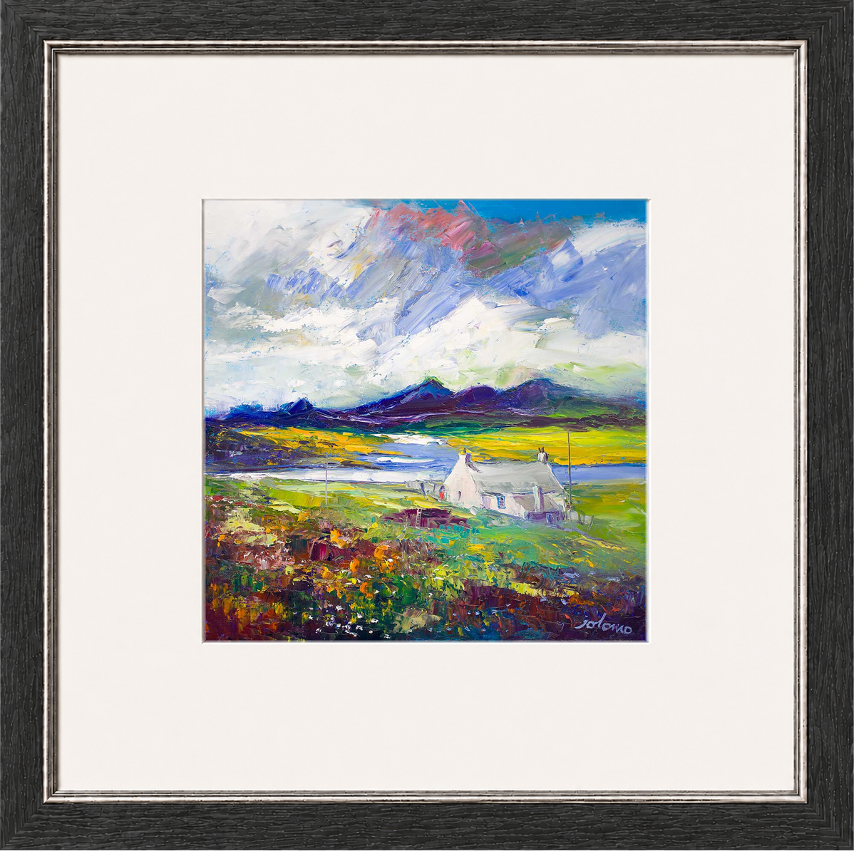 Crofthouse and Peat Stack, Isle of Lewis by Jolomo - Scottish croft landscape artwork framed wall art print