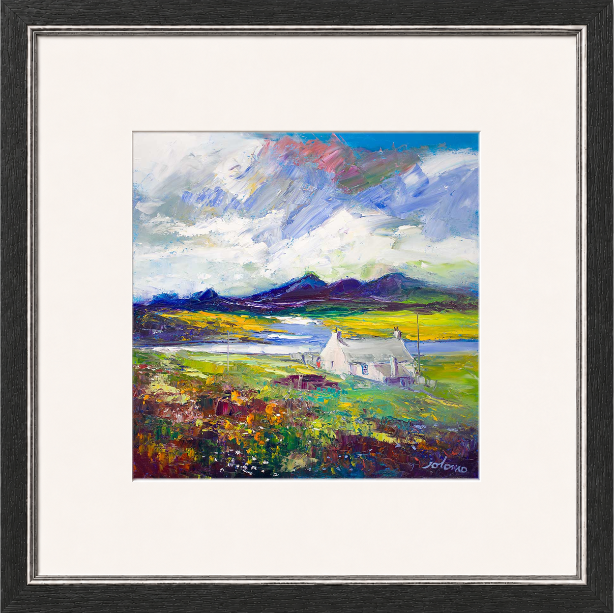 Crofthouse and Peat Stack, Isle of Lewis by Jolomo - Scottish croft landscape artwork framed wall art print, product image 8