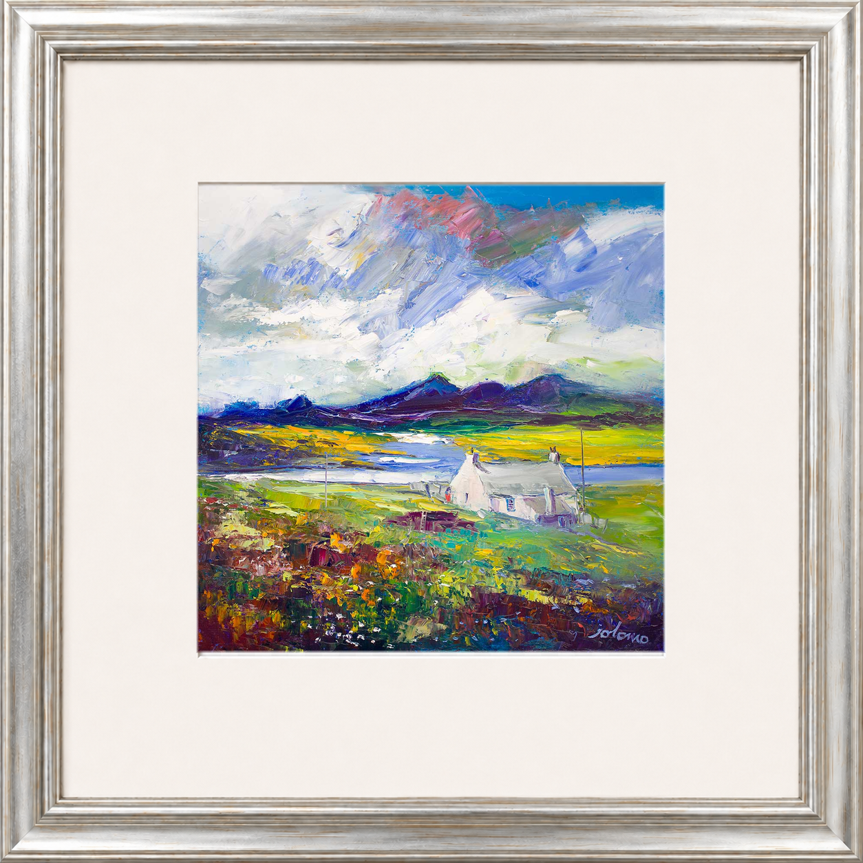 Crofthouse and Peat Stack, Isle of Lewis by Jolomo - Scottish croft landscape artwork framed wall art print, product image 11