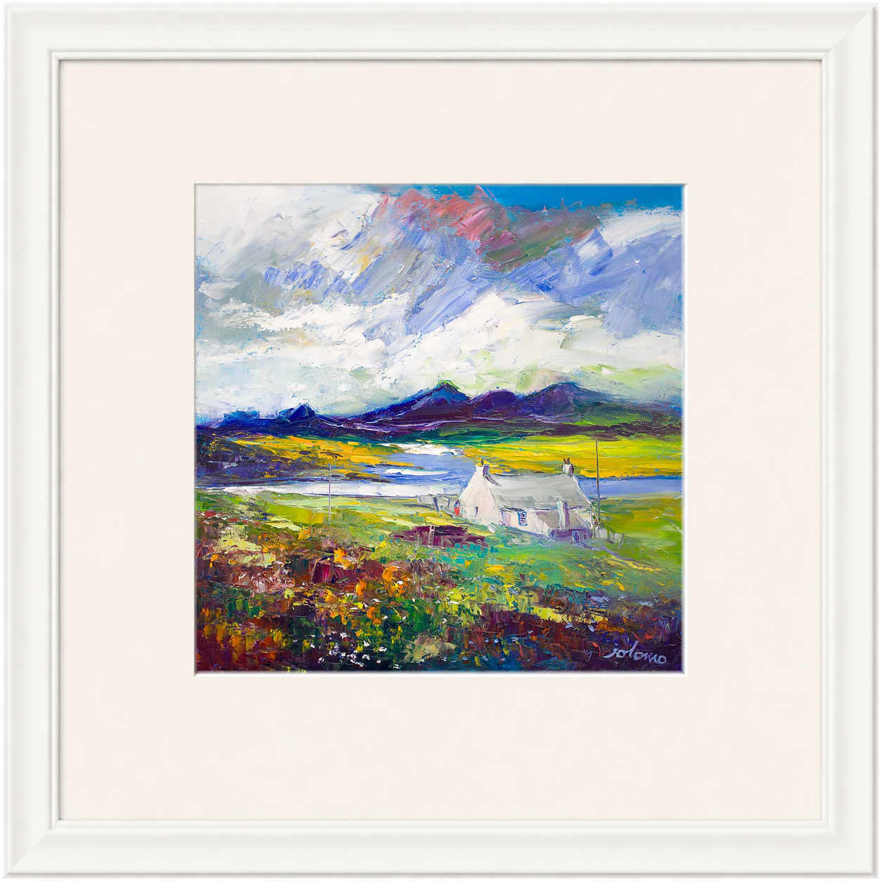 Crofthouse and Peat Stack, Isle of Lewis by Jolomo - Scottish croft landscape artwork framed wall art print, product image 10