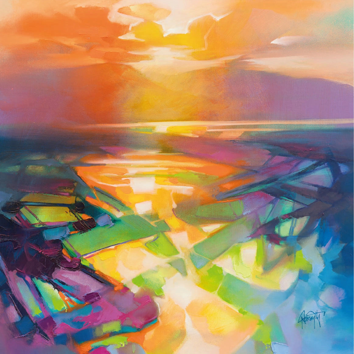 Colorful abstract painting of a sunset over water