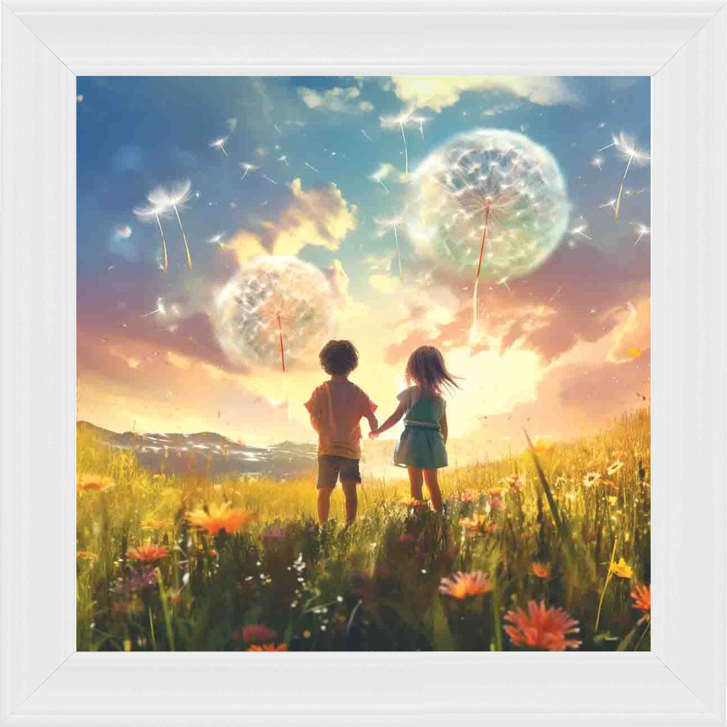 Dandelion Sunset Framed Wall Art - White
