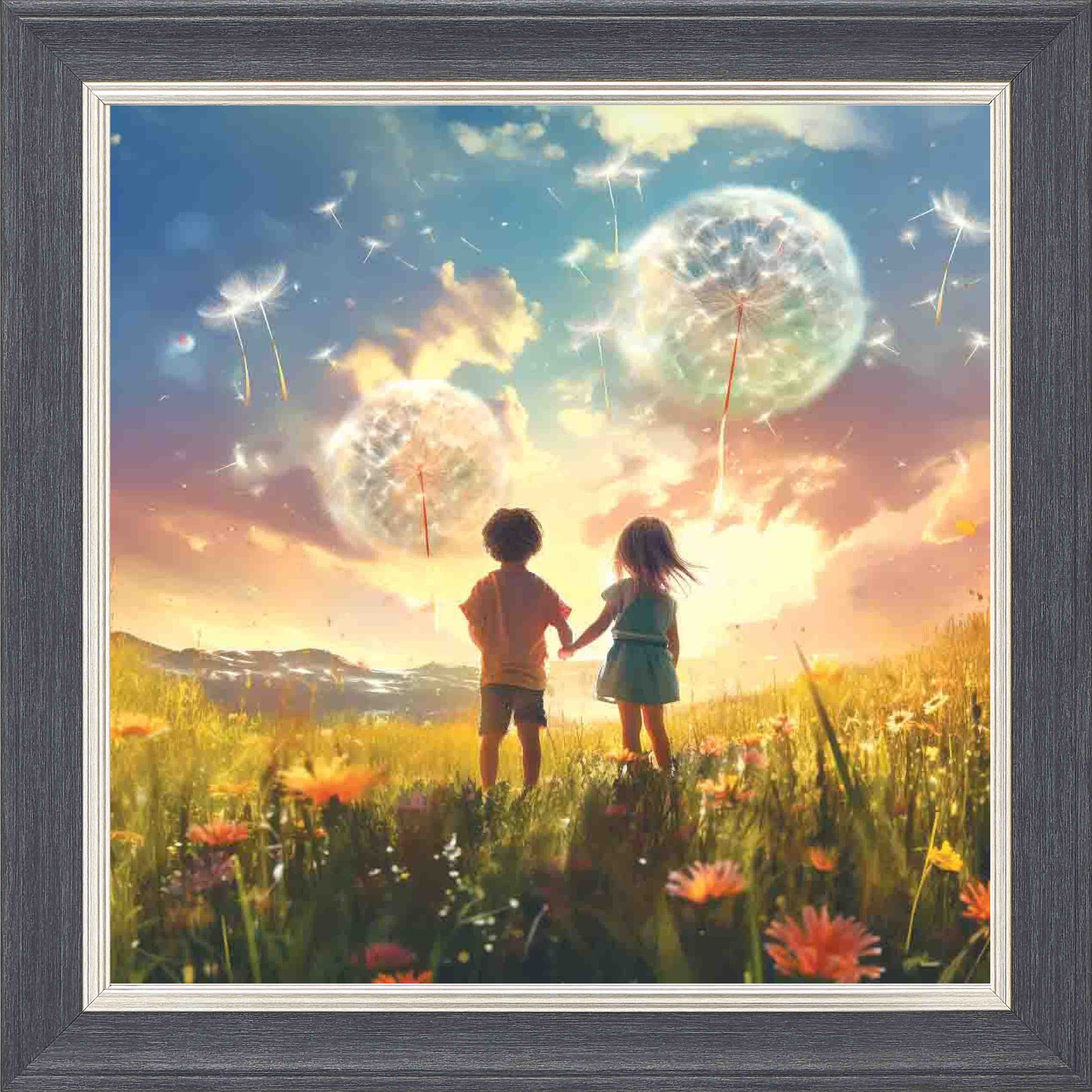 Dandelion Sunset Framed Wall Art - Grey with Silver Trim