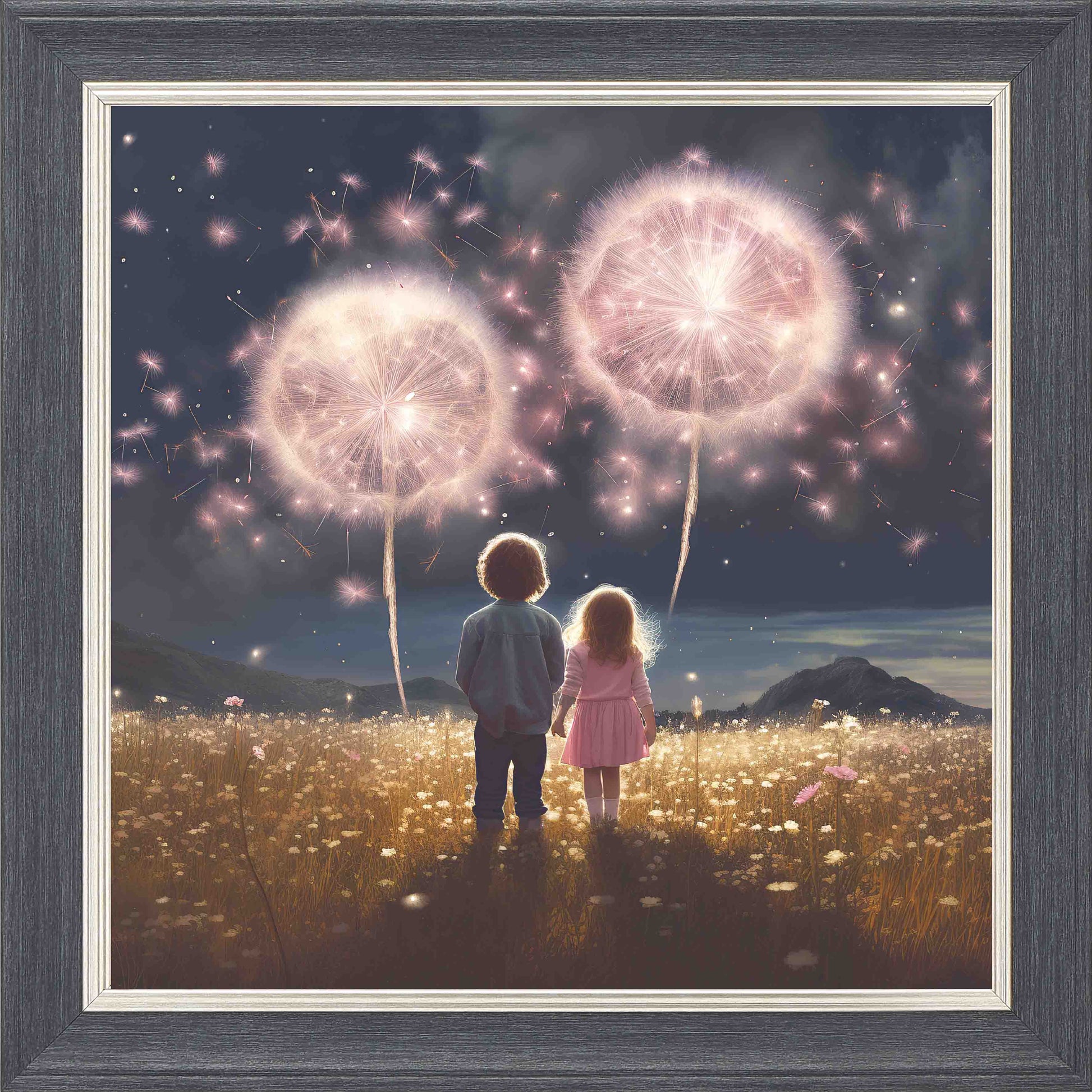 Dandelion skies at Twilight Framed Wall Art - Grey with Silver Trim