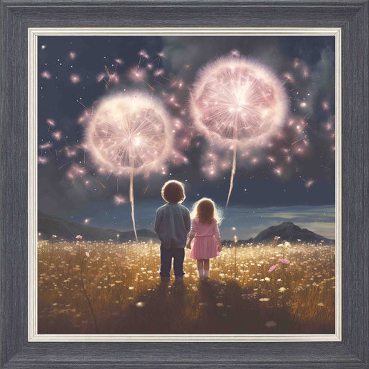 Dandelion skies at Twilight Framed Wall Art - Grey with Silver Trim