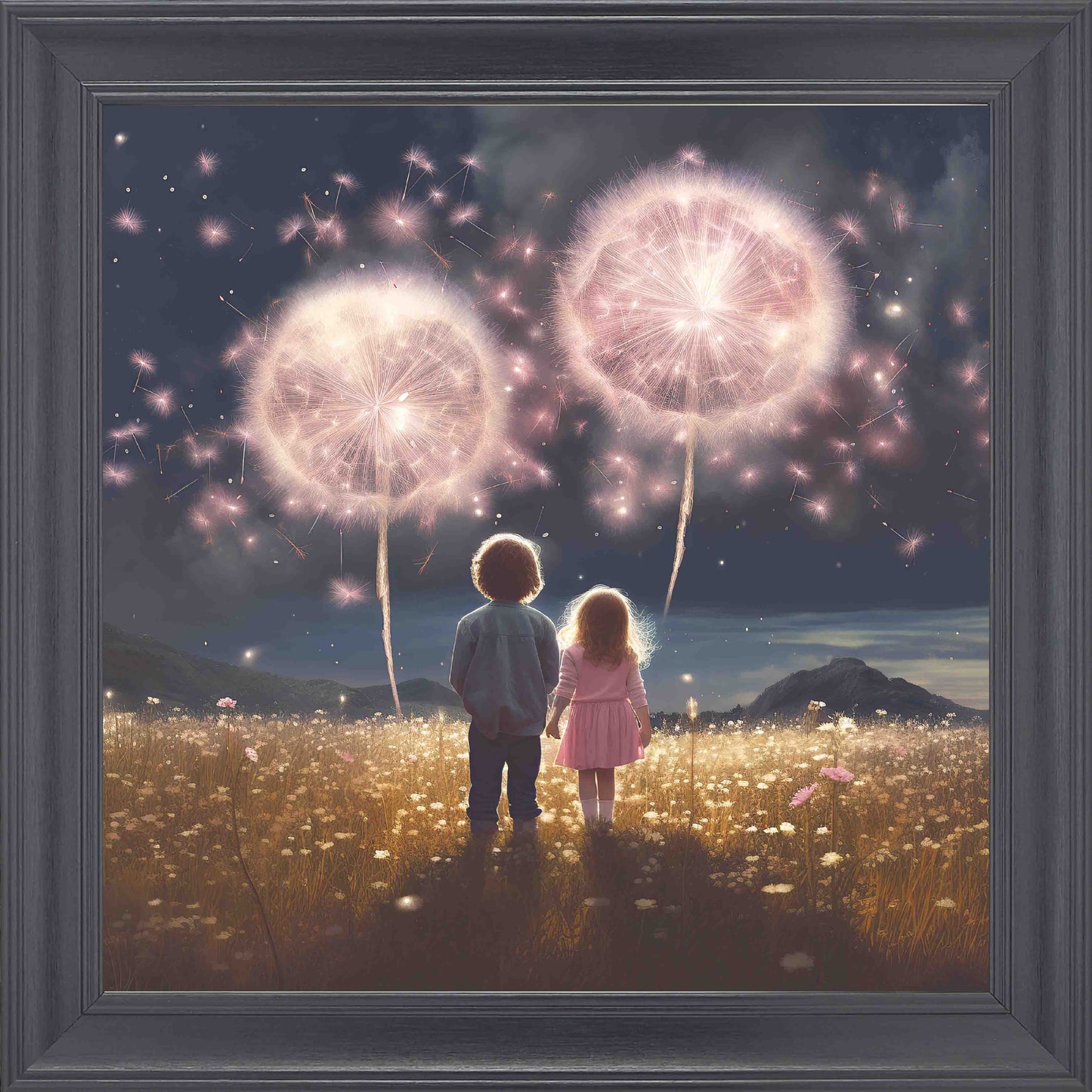 Dandelion skies at Twilight Framed Wall Art - Black