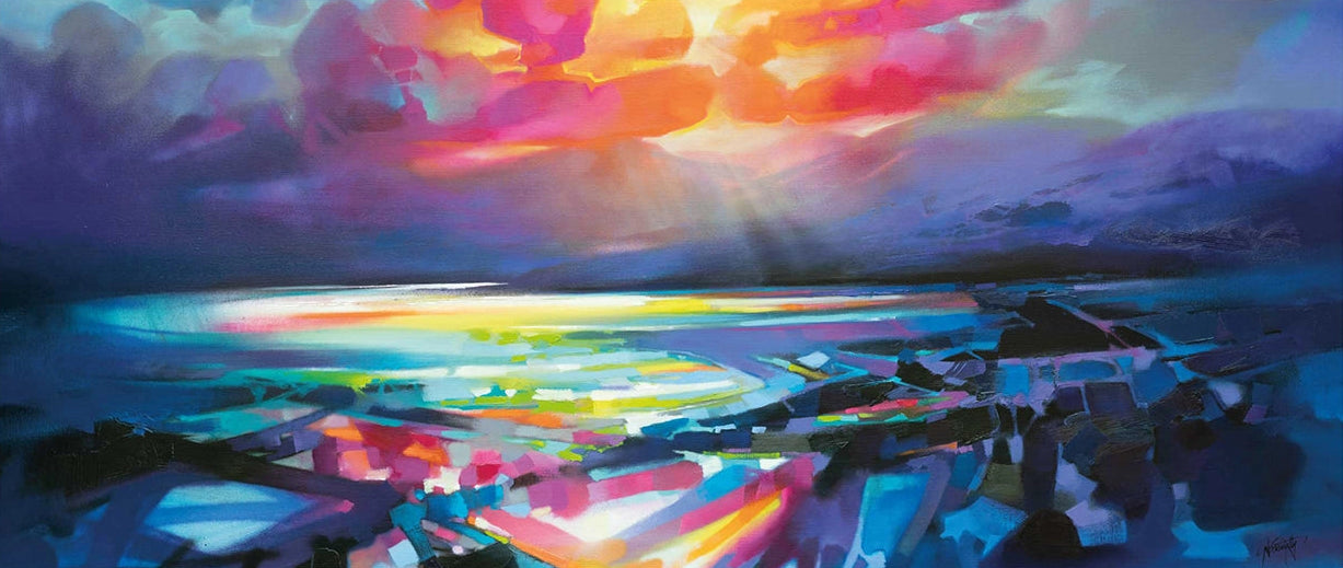 Colorful abstract landscape painting with a vibrant sky.