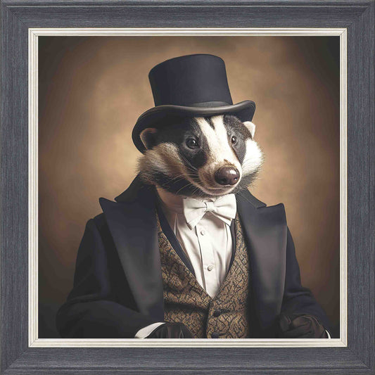 Dressed Up Badger Male Framed Wall Art - Grey with Silver Trim