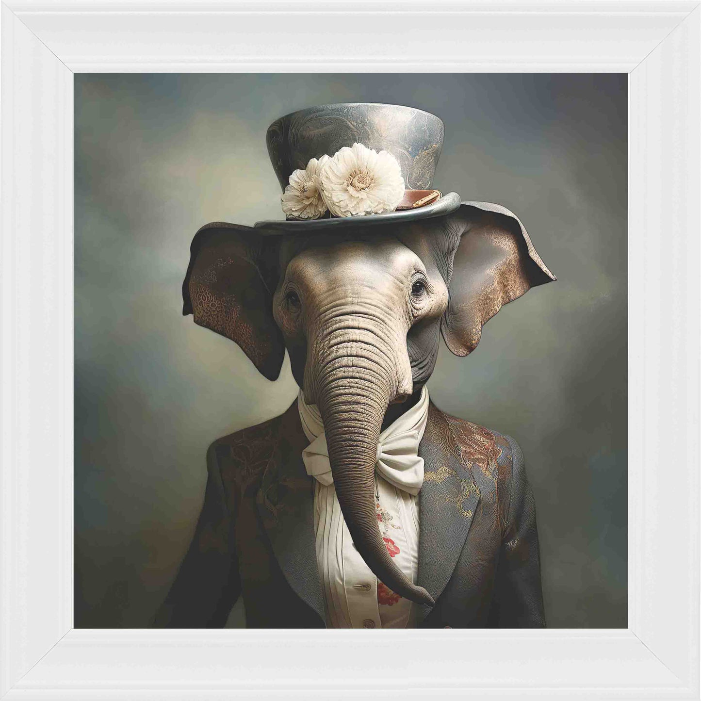 Dressed Up Elephant Female Framed Wall Art - White