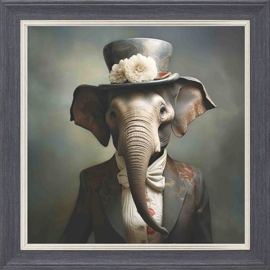 Dressed Up Elephant Female Framed Wall Art - Grey with Silver Trim
