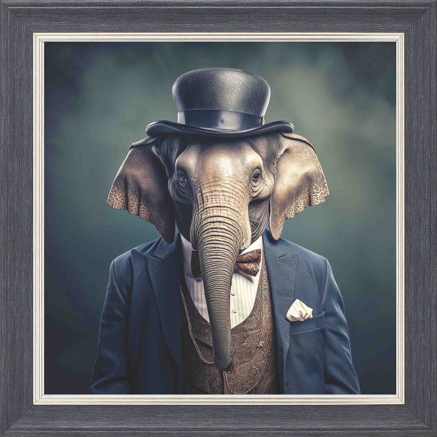 Dressed Up Elephant Male Framed Wall Art - Grey with Silver Trim