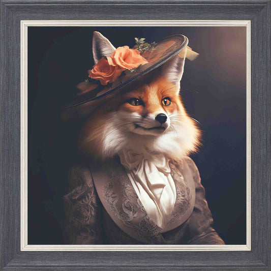 Dressed Up Fox Female Framed Wall Art - Grey with Silver Trim