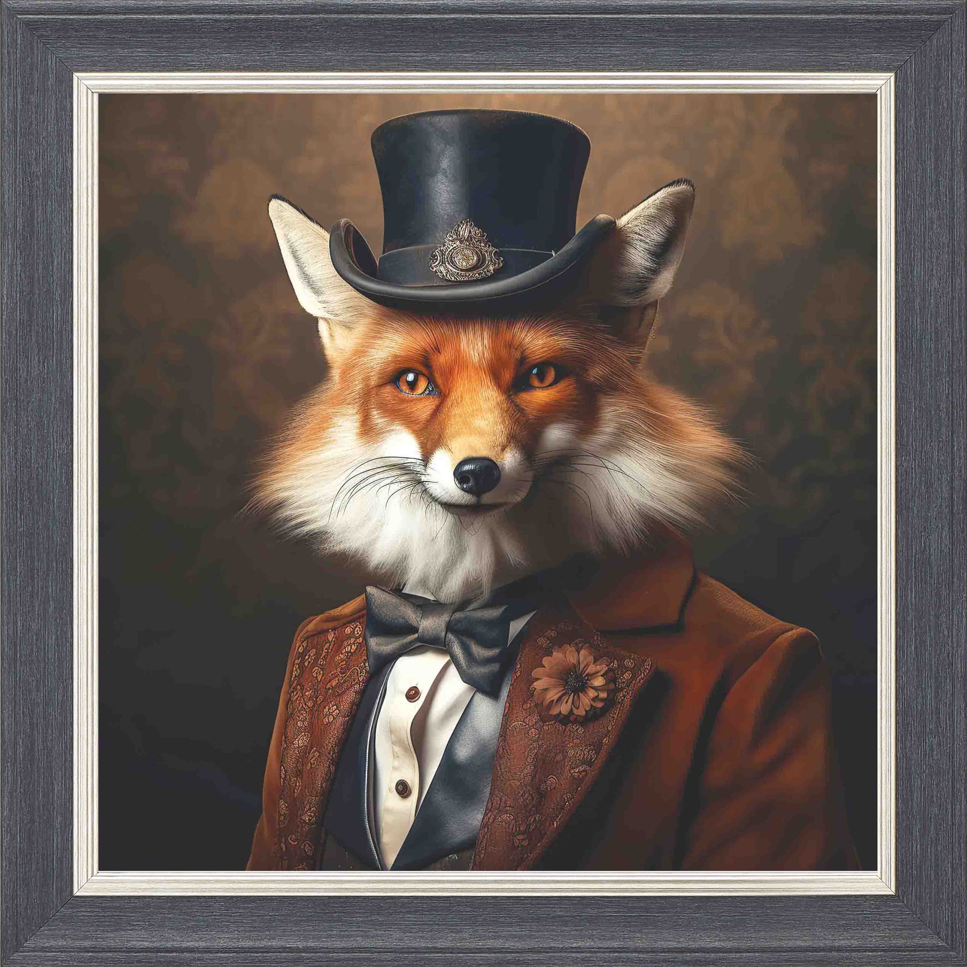 Dressed Up Fox Male Framed Wall Art - Grey with Silver Trim