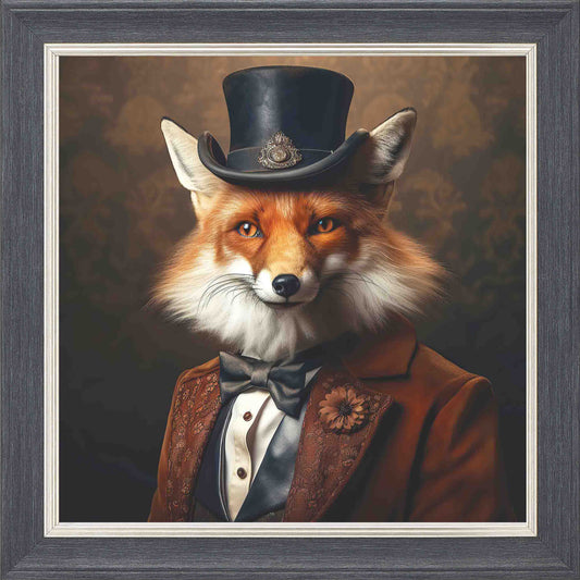 Dressed Up Fox Male Framed Wall Art - Grey with Silver Trim