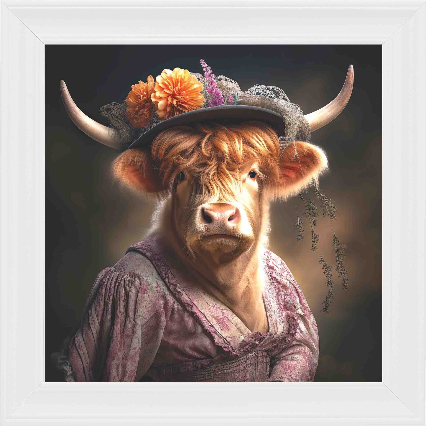 Dressed Up Highland Cow Female Framed Wall Art - White