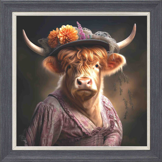 Dressed Up Highland Cow Female Framed Wall Art - Grey with Silver Trim