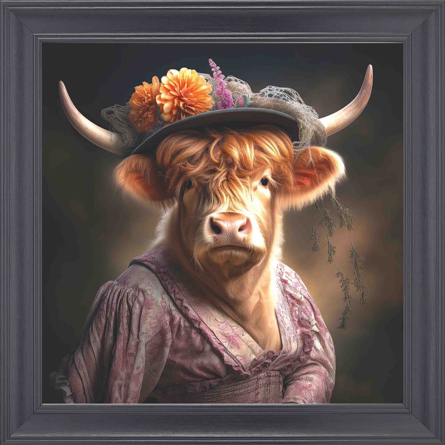 Dressed Up Highland Cow Female Framed Wall Art - Black