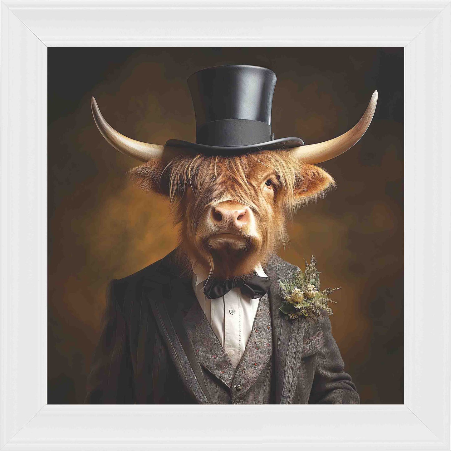 Dressed Up Highland Cow Male Framed Wall Art - White