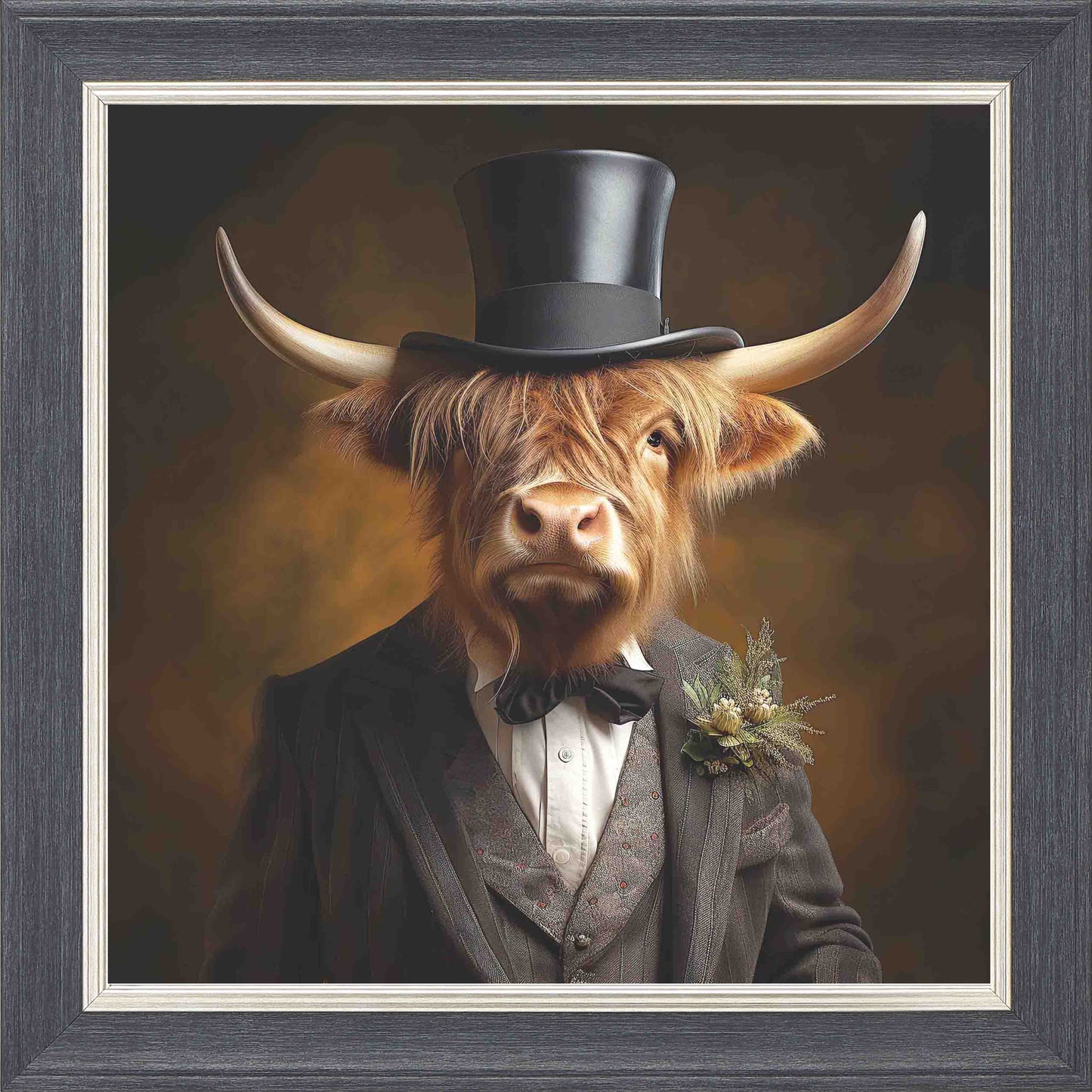 Dressed Up Highland Cow Male Framed Wall Art - Grey with Silver Trim