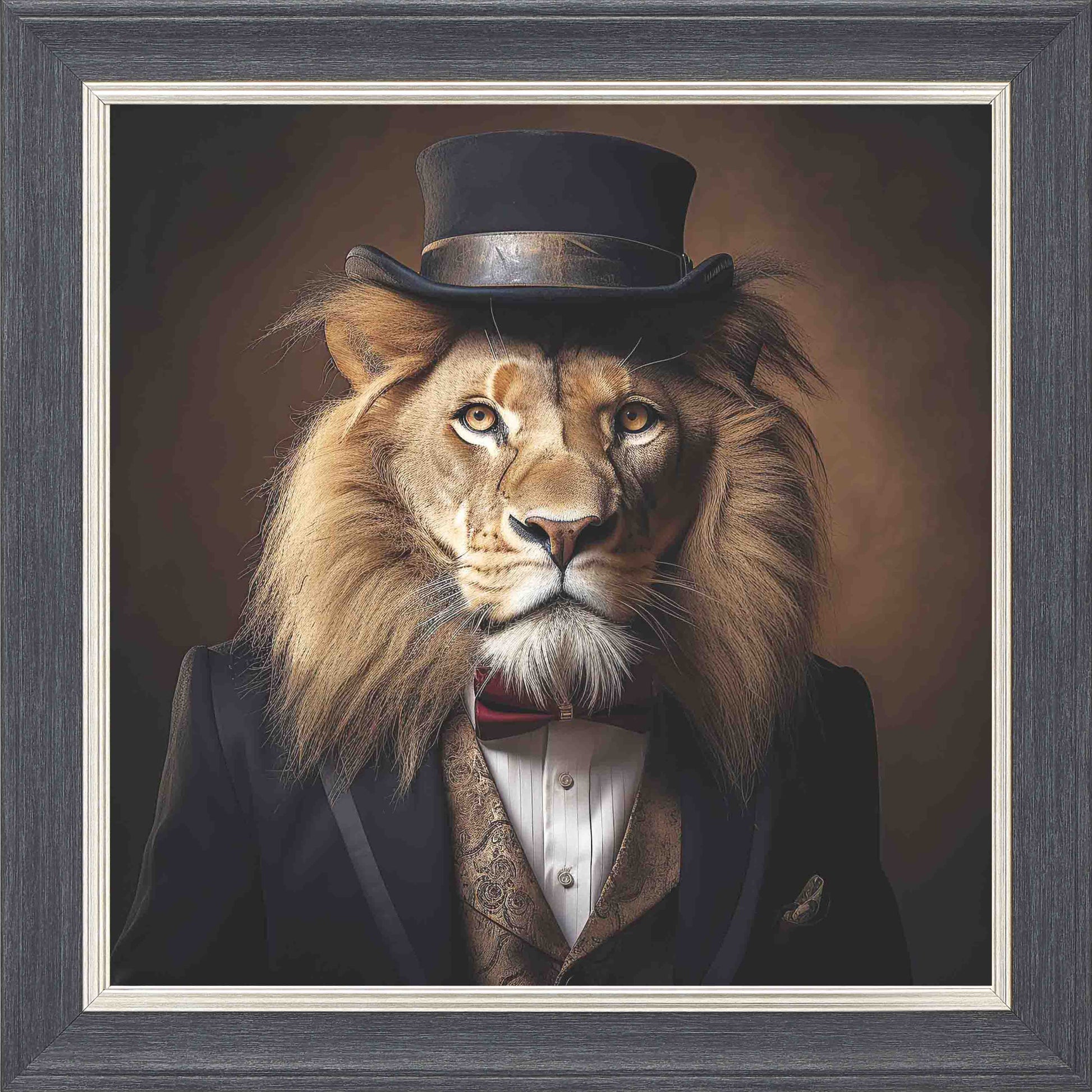 Dressed Up Lion Framed Wall Art - Grey with Silver Trim