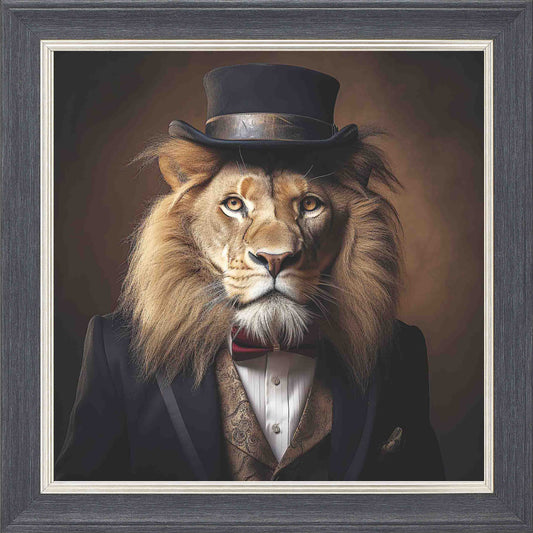 Dressed Up Lion Framed Wall Art - Grey with Silver Trim