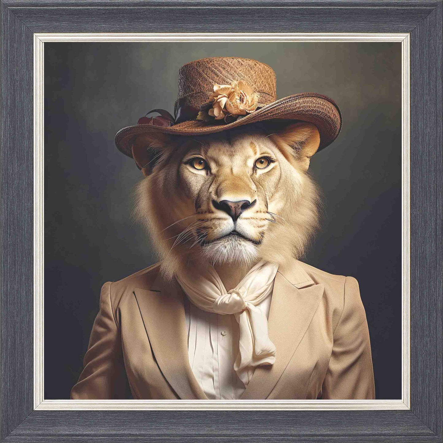 Dressed Up Lionness Framed Wall Art - Grey with Silver Trim