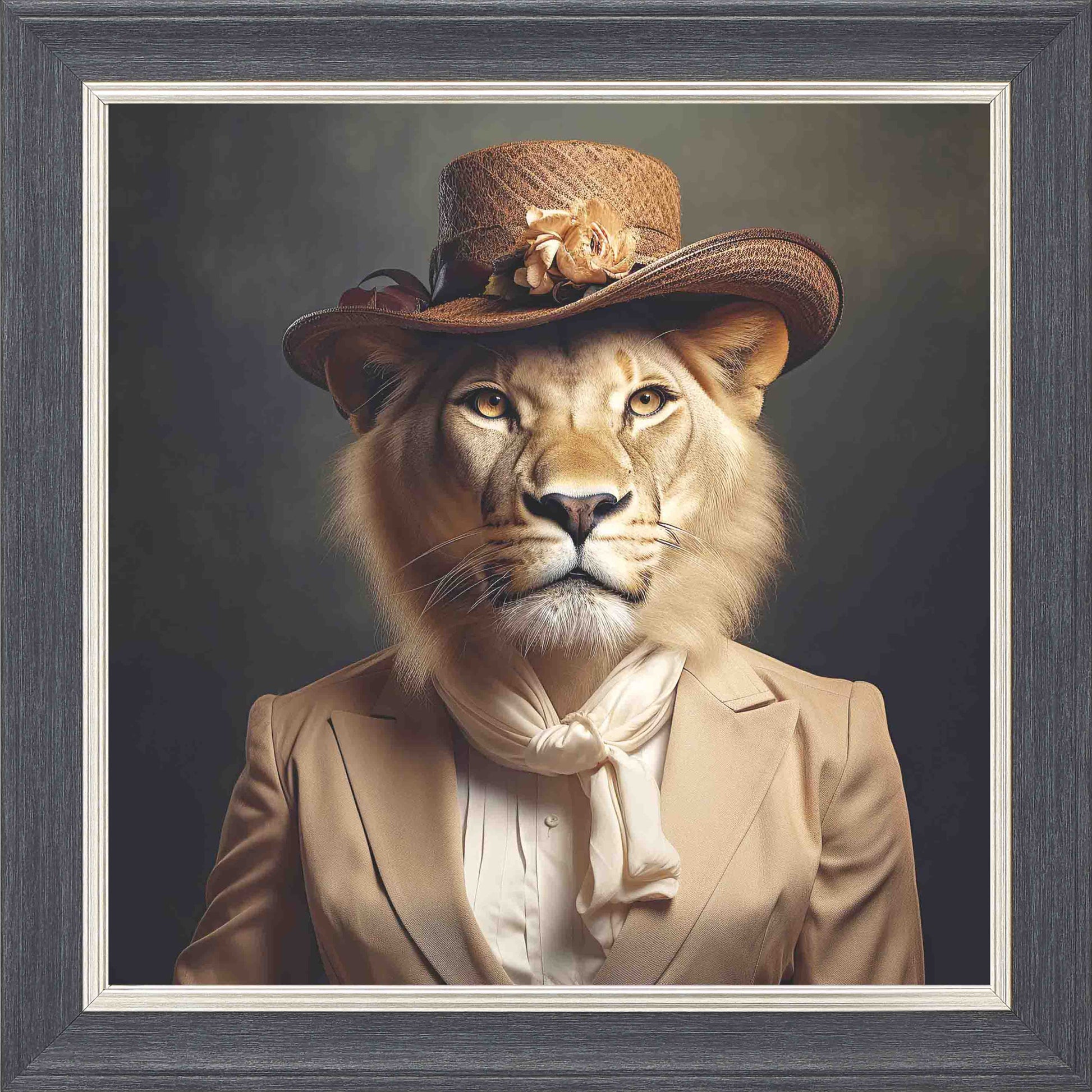 Dressed Up Lionness Framed Wall Art - Grey with Silver Trim