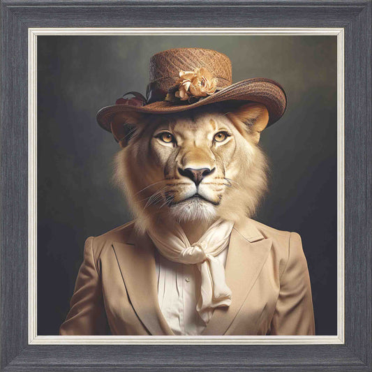 Dressed Up Lionness Framed Wall Art - Grey with Silver Trim