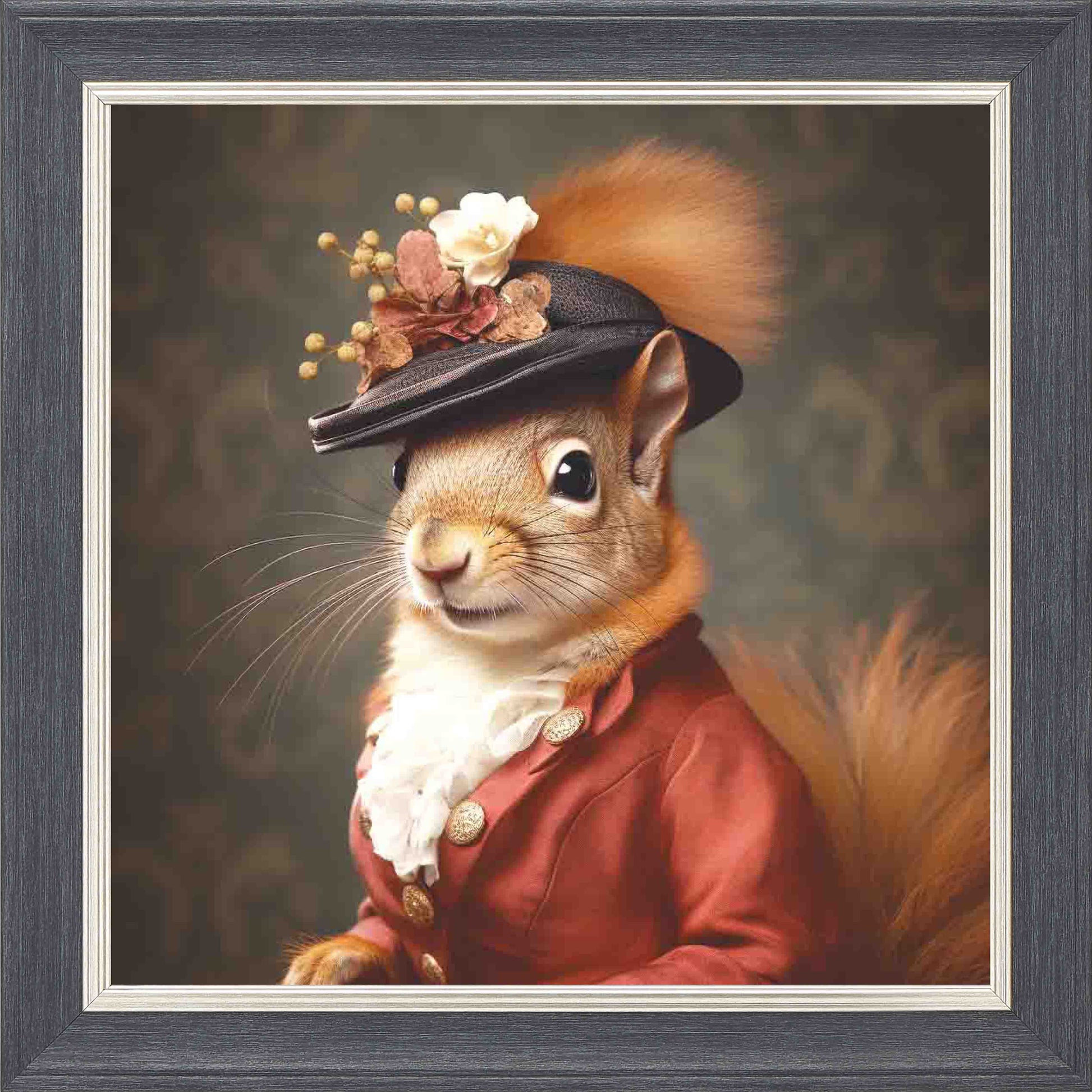 Dressed Up Red Squirrel Female Framed Wall Art - Grey with Silver Trim