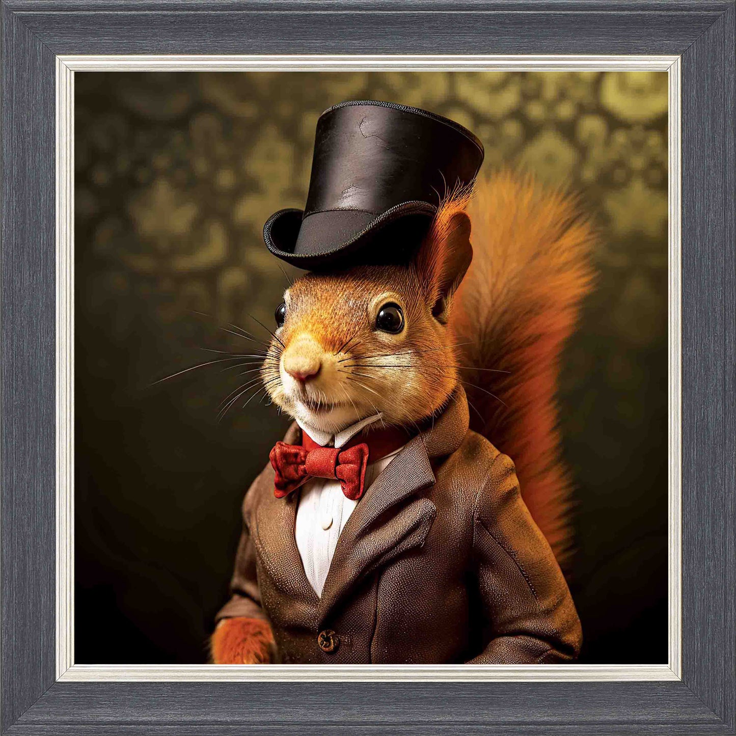 Dressed Up Red Squirrel Male Framed Wall Art - Grey with Silver Trim