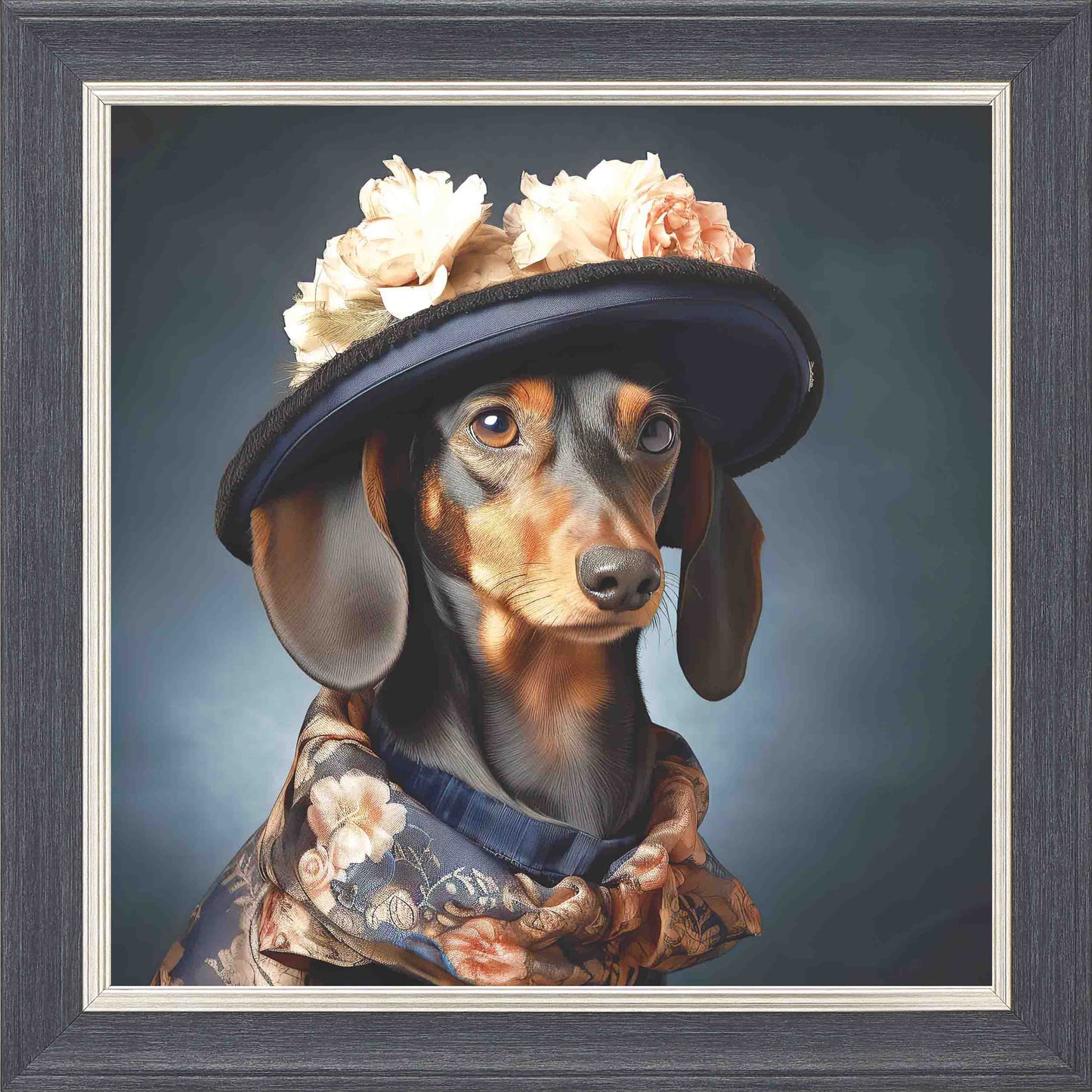 Dressed Up Sausage Female Framed Wall Art - Grey with Silver Trim