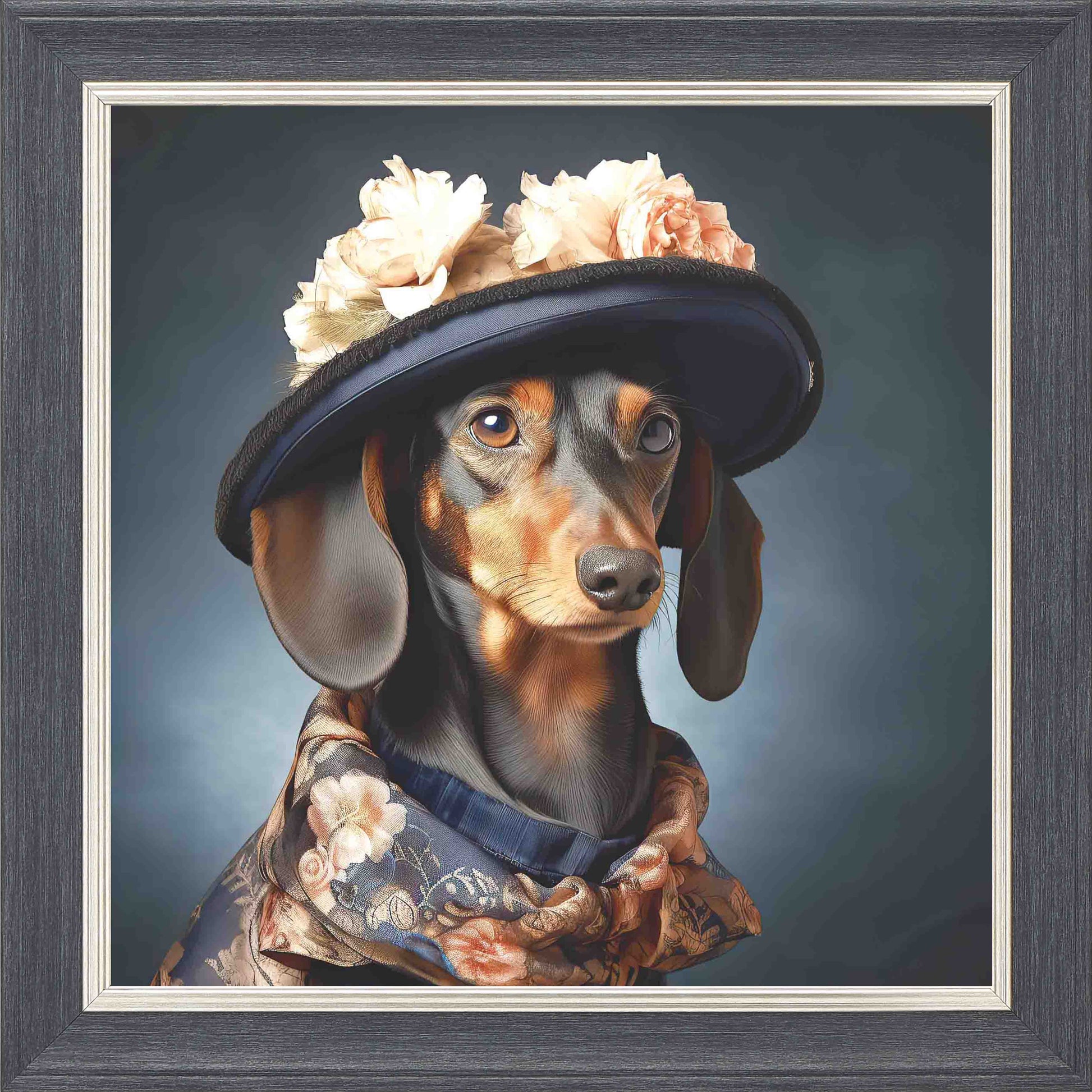 Dressed Up Sausage Female Framed Wall Art - Grey with Silver Trim