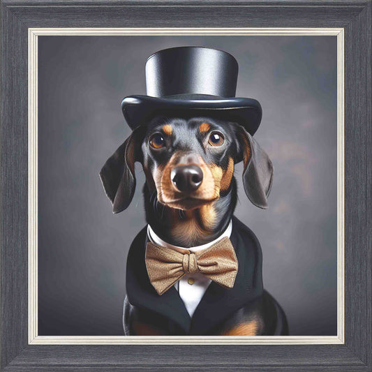 Dressed Up Sausage Male 2 Framed Wall Art - Grey with Silver Trim