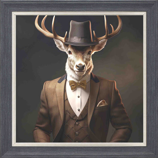 Dressed Up Stag Framed Wall Art - Grey with Silver Trim