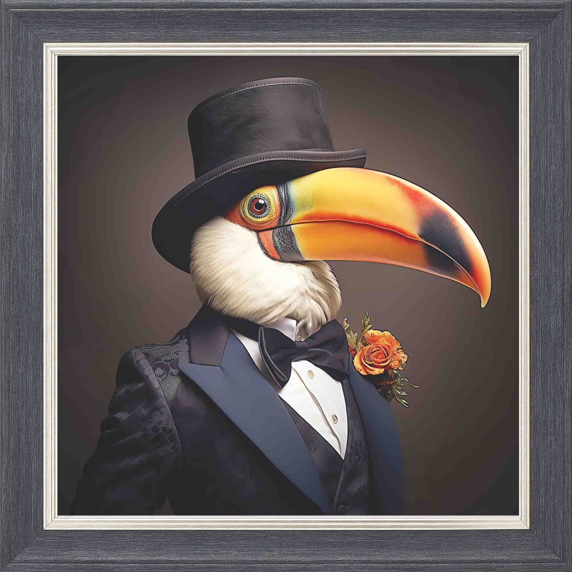 Dressed Up Toucan Male Framed Wall Art - Grey with Silver Trim