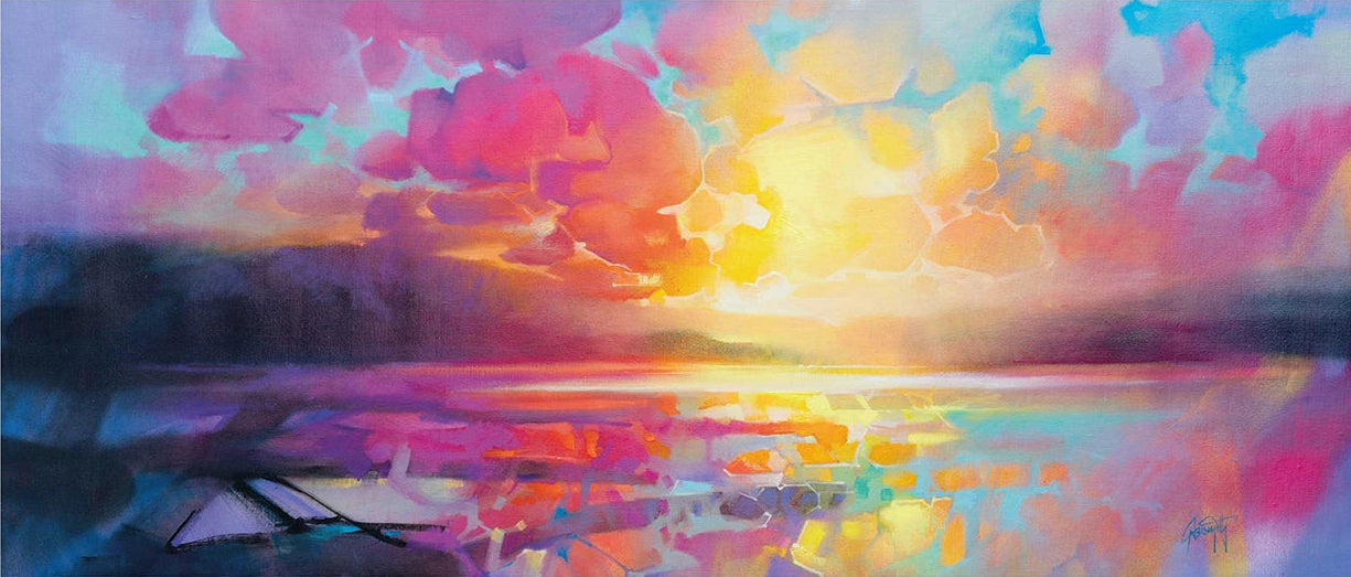 Colorful abstract painting of a sunset over water