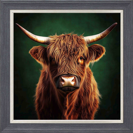 Emerald Highland Cow Framed Wall Art - Grey with Silver Trim
