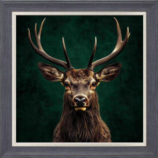 Emerald Stag Framed Wall Art - Grey with Silver Trim