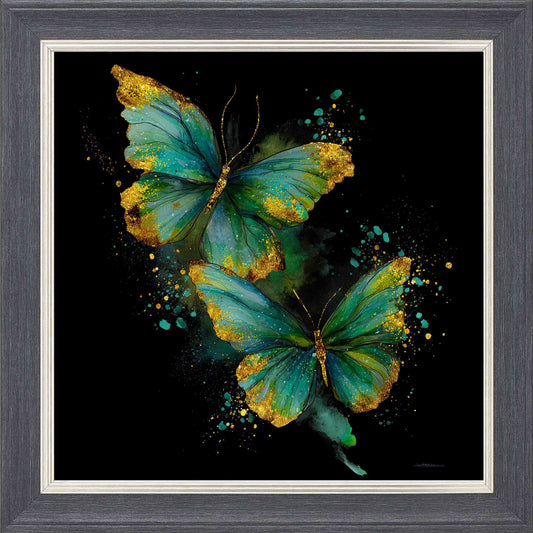 Emerald and Gold Butterflies Framed Wall Art - Grey with Silver Trim