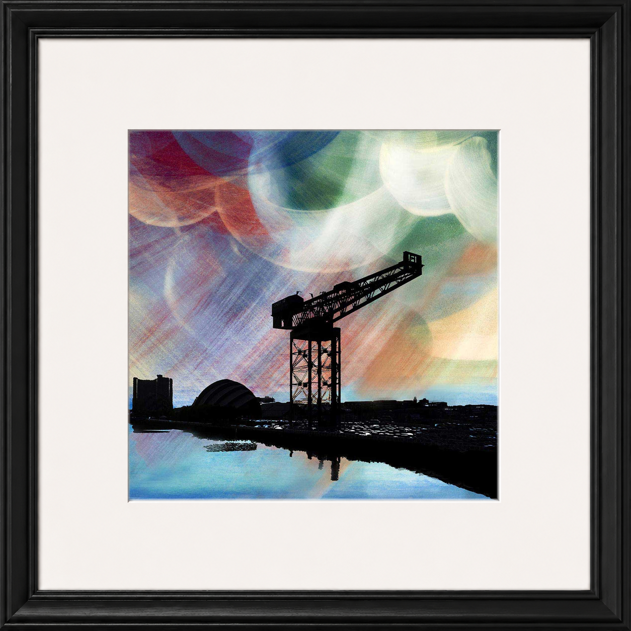 Finnieston Crane by Esther Cohen framed wall art print showing Glasgow's iconic crane beside the Clyde in cool blue tones